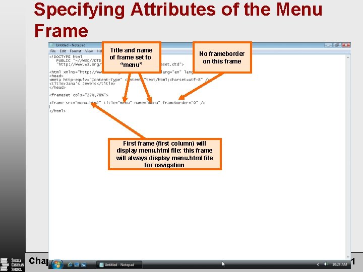 Specifying Attributes of the Menu Frame Title and name of frame set to “menu”