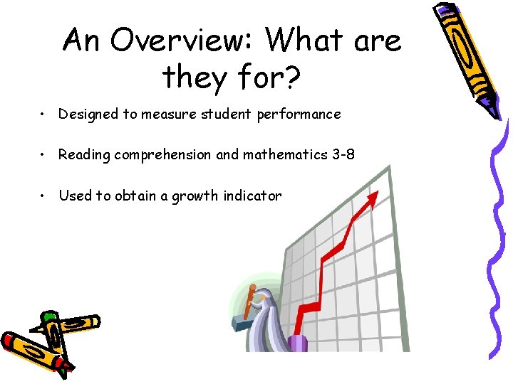 An Overview: What are they for? • Designed to measure student performance • Reading