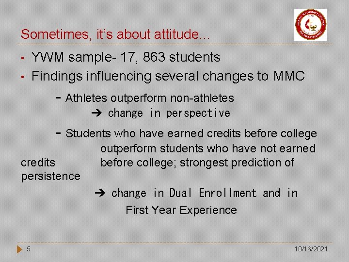 Sometimes, it’s about attitude… YWM sample- 17, 863 students Findings influencing several changes to