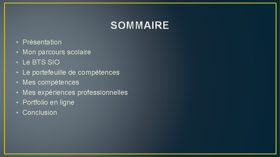 SOMMAIRE • • Présentation Mon parcours scolaire Le BTS SIO Le portefeuille de compétences