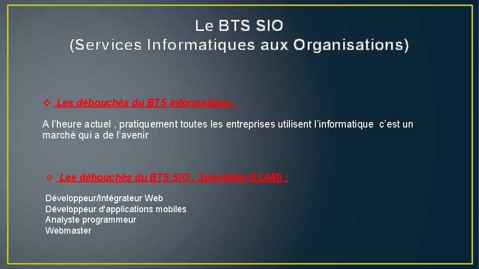 Le BTS SIO (Services Informatiques aux Organisations) v Les débouchés du BTS informatique :