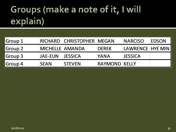 Groups (make a note of it, I will explain) 10/16/2021 39 