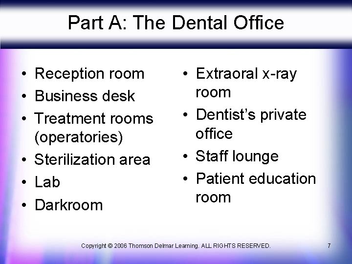 Part A: The Dental Office • Reception room • Business desk • Treatment rooms