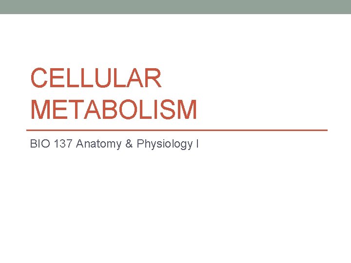 CELLULAR METABOLISM BIO 137 Anatomy & Physiology I 