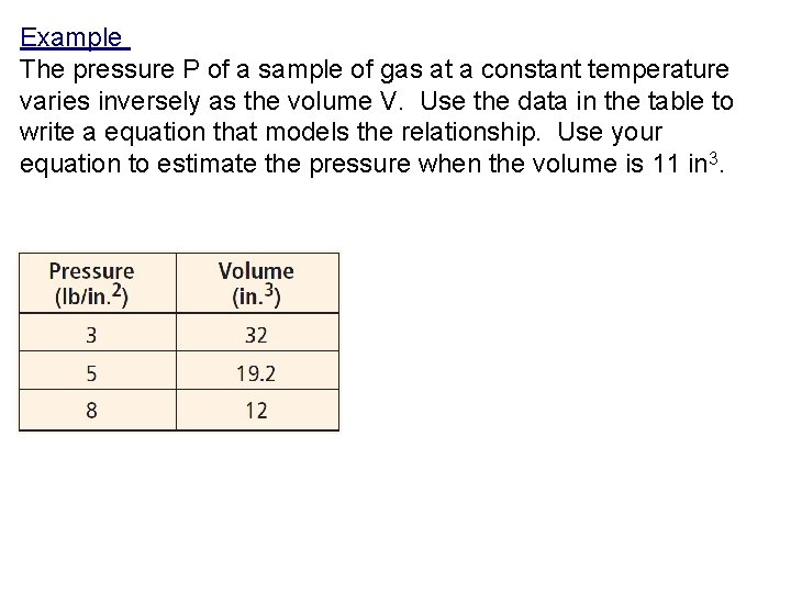 Example The pressure P of a sample of gas at a constant temperature varies