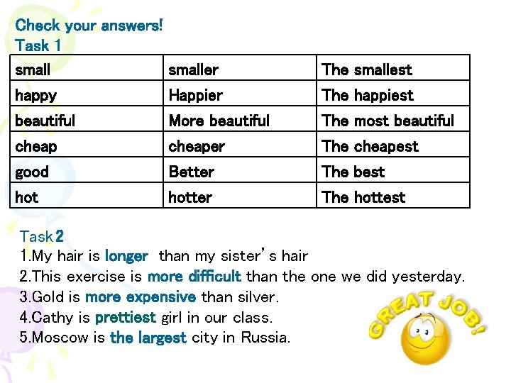 Check your answers! Task 1 smaller happy Happier beautiful More beautiful cheaper The The