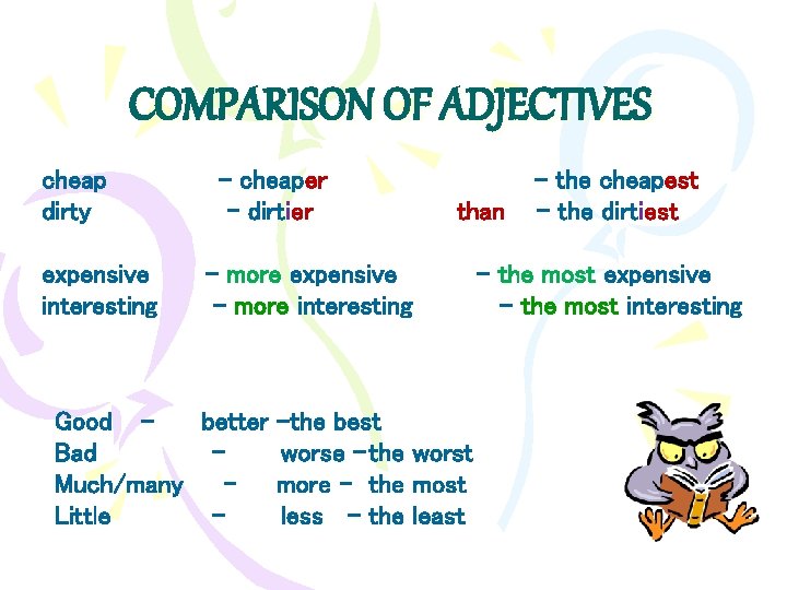 COMPARISON OF ADJECTIVES cheap dirty expensive interesting – cheaper – dirtier than – more