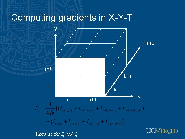 Computing gradients in X-Y-T y time j+1 k+1 j k i likewise for Iy