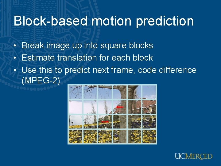 Block-based motion prediction • Break image up into square blocks • Estimate translation for