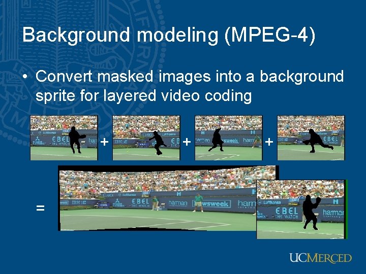 Background modeling (MPEG-4) • Convert masked images into a background sprite for layered video