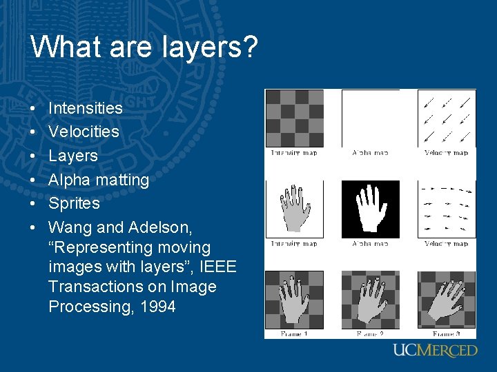 What are layers? • • • Intensities Velocities Layers Alpha matting Sprites Wang and