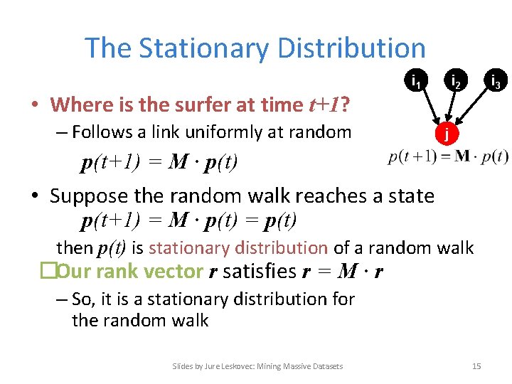 The Stationary Distribution • Where is the surfer at time t+1? i 1 –