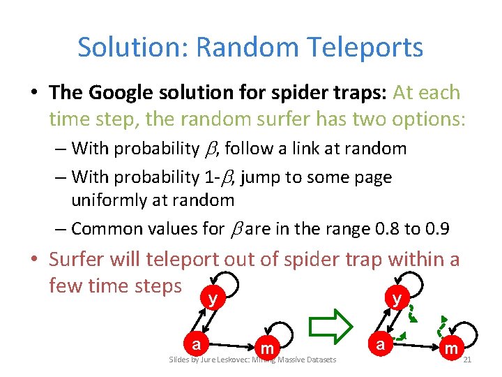 Solution: Random Teleports • The Google solution for spider traps: At each time step,