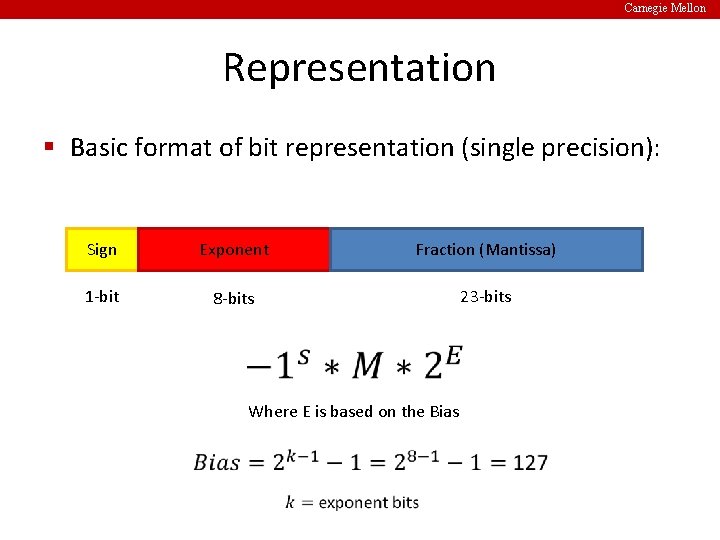 Carnegie Mellon Representation § Basic format of bit representation (single precision): Sign Exponent Fraction