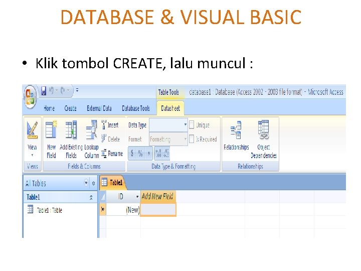 DATABASE & VISUAL BASIC • Klik tombol CREATE, lalu muncul : 