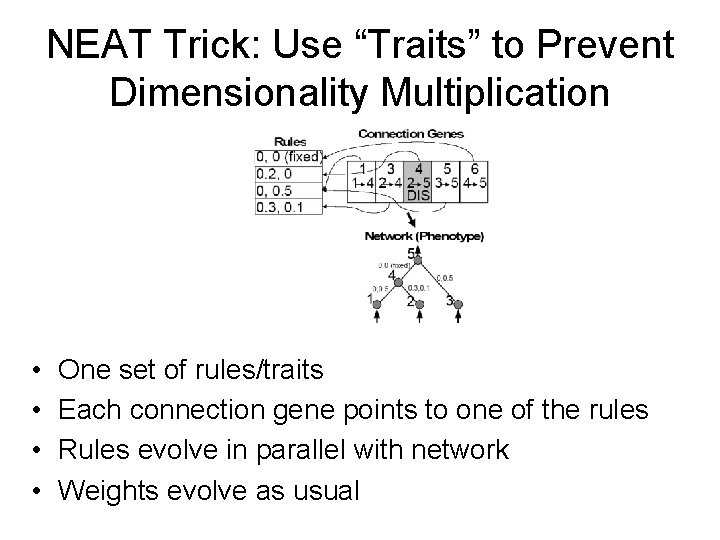 NEAT Trick: Use “Traits” to Prevent Dimensionality Multiplication • • One set of rules/traits