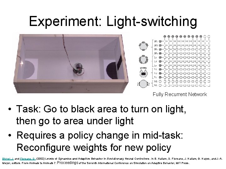 Experiment: Light-switching Fully Recurrent Network • Task: Go to black area to turn on