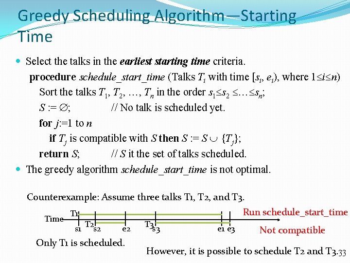 Greedy Scheduling Algorithm—Starting Time Select the talks in the earliest starting time criteria. procedure