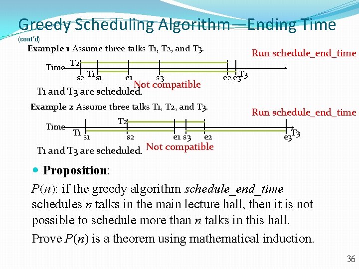 Greedy Scheduling Algorithm—Ending Time (cont’d) Example 1: Assume three talks T 1, T 2,