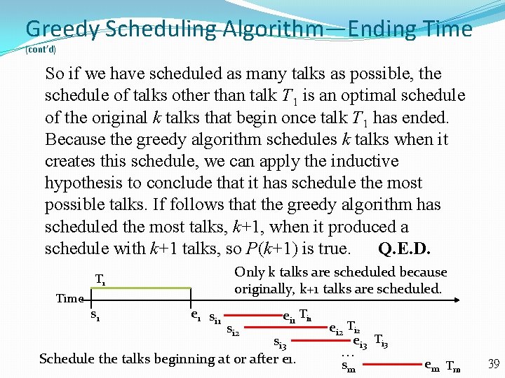 Greedy Scheduling Algorithm—Ending Time (cont’d) So if we have scheduled as many talks as