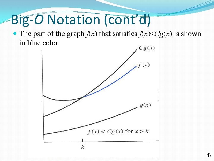 Big-O Notation (cont’d) The part of the graph f(x) that satisfies f(x)<Cg(x) is shown