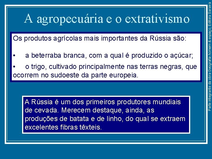 Os produtos agrícolas mais importantes da Rússia são: • a beterraba branca, com a