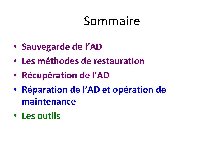 Sommaire Sauvegarde de l’AD Les méthodes de restauration Récupération de l’AD Réparation de l’AD