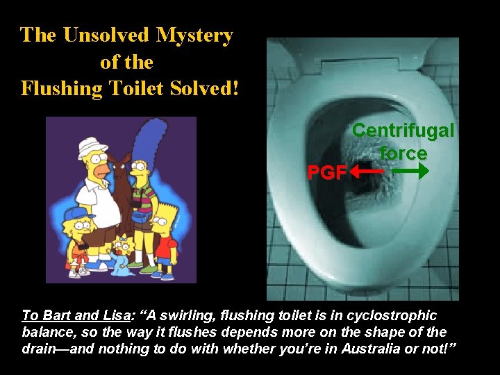 The Unsolved Mystery of the Flushing Toilet Solved! PGF Centrifugal force To Bart and