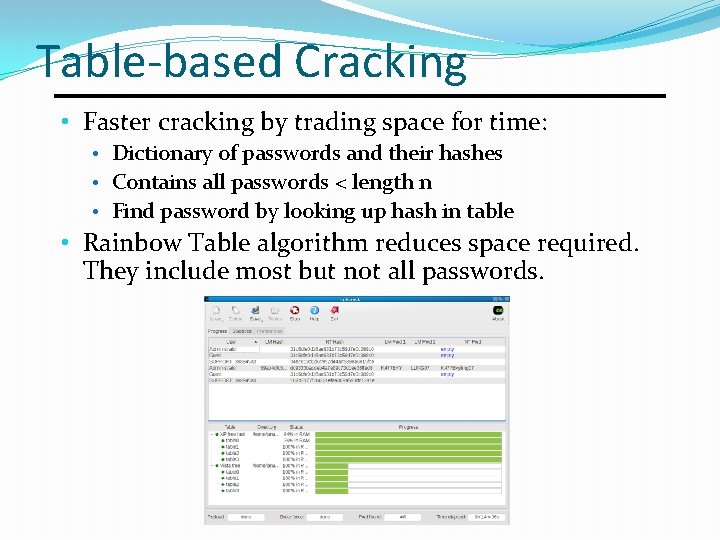 Table-based Cracking • Faster cracking by trading space for time: • Dictionary of passwords