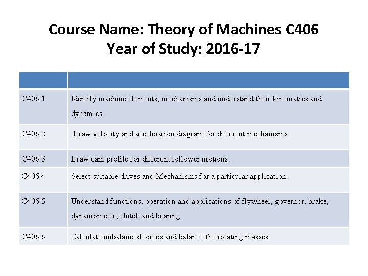 Course Name: Theory of Machines C 406 Year of Study: 2016 -17 C 406.