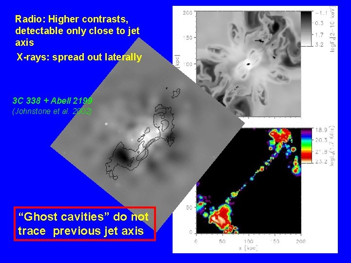 Radio: Higher contrasts, detectable only close to jet axis X-rays: spread out laterally 3
