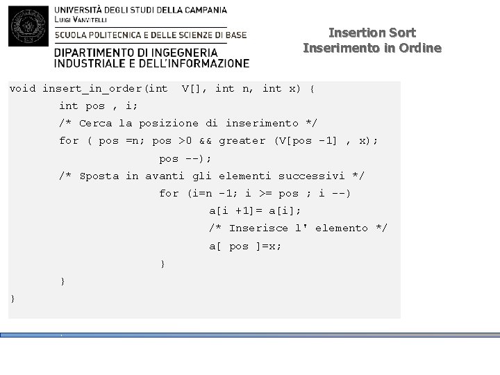 Insertion Sort Inserimento in Ordine void insert_in_order(int V[], int n, int x) { int