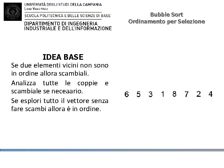 Bubble Sort Ordinamento per Selezione IDEA BASE Se due elementi vicini non sono in Bubble Sort Ordinamento per Selezione IDEA BASE Se due elementi vicini non sono in