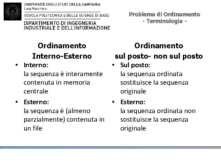Problema di Ordinamento - Terminologia - Ordinamento Interno-Esterno sul posto- non sul posto • Problema di Ordinamento - Terminologia - Ordinamento Interno-Esterno sul posto- non sul posto •