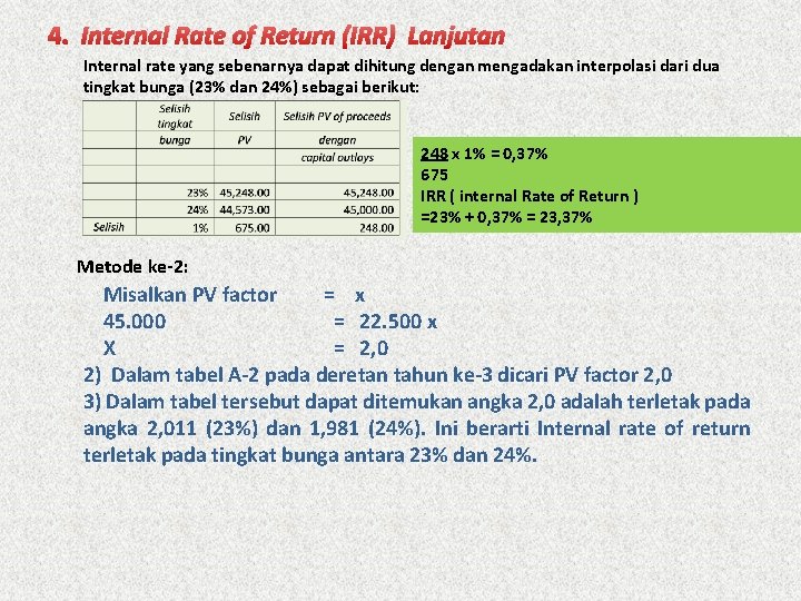 4. Internal Rate of Return (IRR) Lanjutan Internal rate yang sebenarnya dapat dihitung dengan