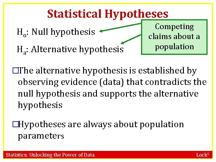 Statistical Hypotheses Ho: Null hypothesis Ha: Alternative hypothesis Competing claims about a population �The