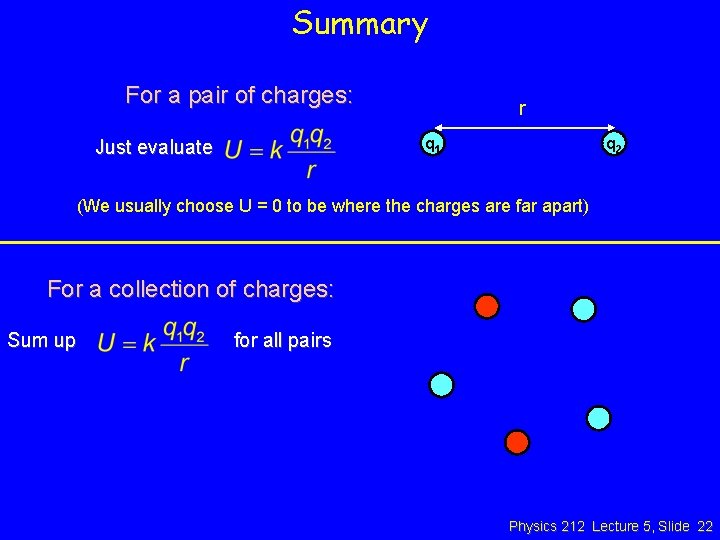 Summary For a pair of charges: r q 1 Just evaluate q 2 (We