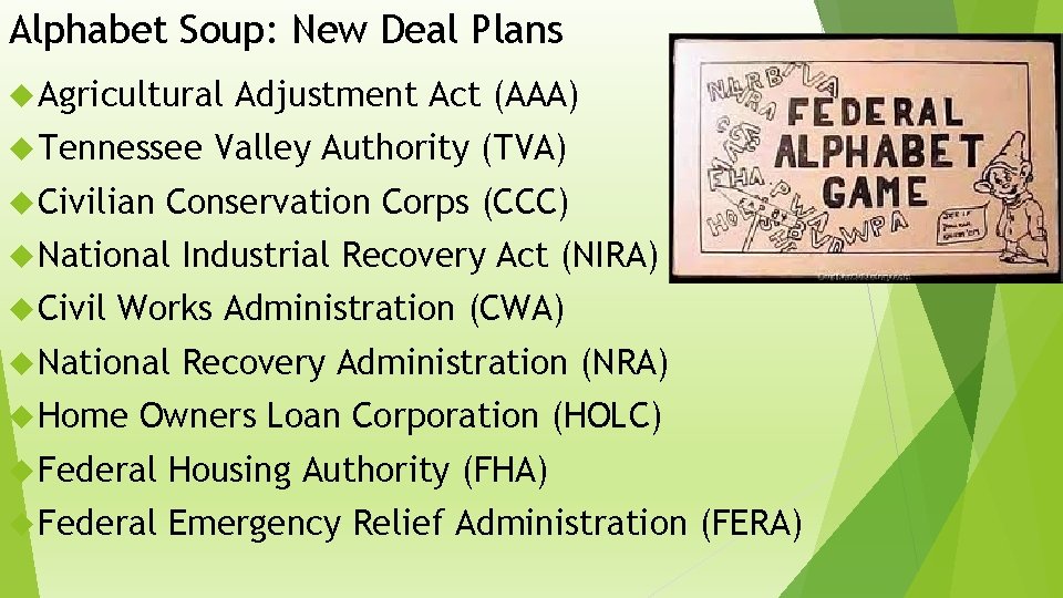 Alphabet Soup: New Deal Plans Agricultural Tennessee Civilian Valley Authority (TVA) Conservation Corps (CCC)