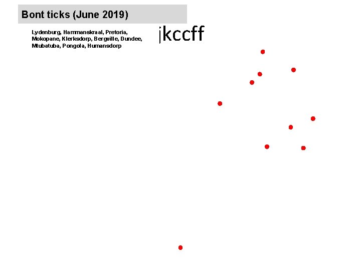 Bont ticks (June 2019) Lydenburg, Hammanskraal, Pretoria, Mokopane, Klerksdorp, Bergville, Dundee, Mtuba, Pongola, Humansdorp