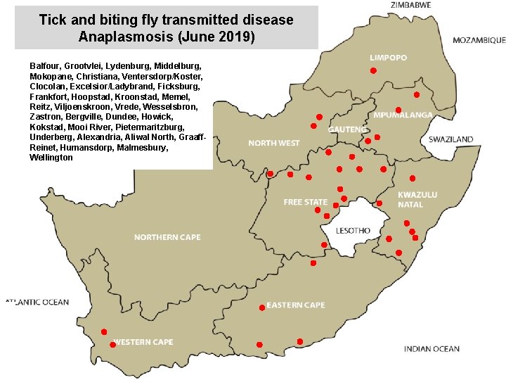 Tick and biting fly transmitted disease Anaplasmosis (June 2019) Balfour, Grootvlei, Lydenburg, Middelburg, Mokopane,