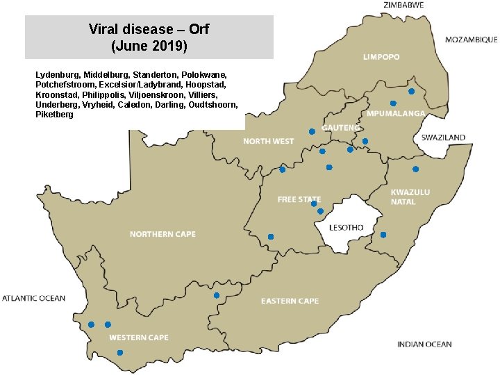 Viral disease – Orf (June 2019) kjkjnmn Lydenburg, Middelburg, Standerton, Polokwane, Potchefstroom, Excelsior/Ladybrand, Hoopstad,