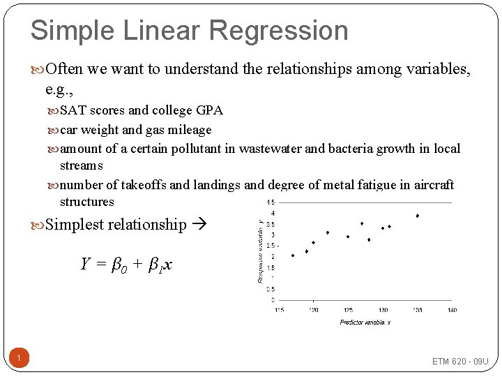 Simple Linear Regression Often we want to understand the relationships among variables, e. g.