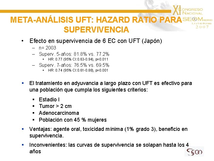 META-ANÁLISIS UFT: HAZARD RATIO PARA SUPERVIVENCIA • Efecto en supervivencia de 6 EC con