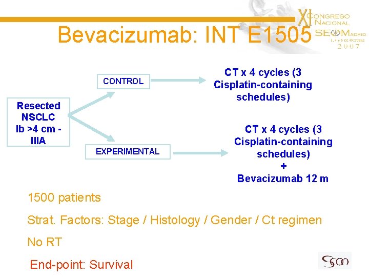 Bevacizumab: INT E 1505 CONTROL Resected NSCLC Ib >4 cm IIIA EXPERIMENTAL CT x