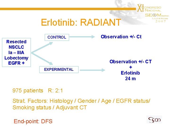 Erlotinib: RADIANT Resected NSCLC Ia – IIIA Lobectomy EGFR + CONTROL EXPERIMENTAL Observation +/-