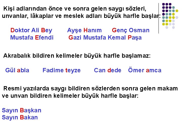 Kişi adlarından önce ve sonra gelen saygı sözleri, unvanlar, lâkaplar ve meslek adları büyük