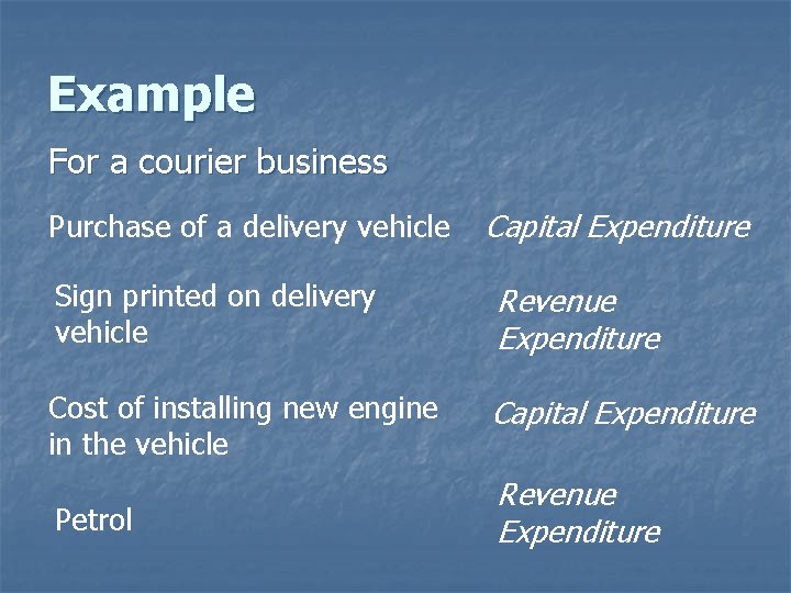 Example For a courier business Purchase of a delivery vehicle Capital Expenditure Sign printed