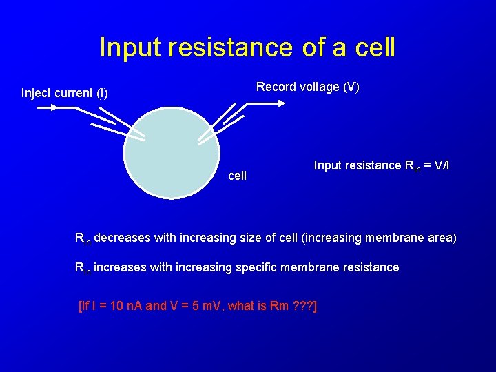 Input resistance of a cell Record voltage (V) Inject current (I) cell Input resistance