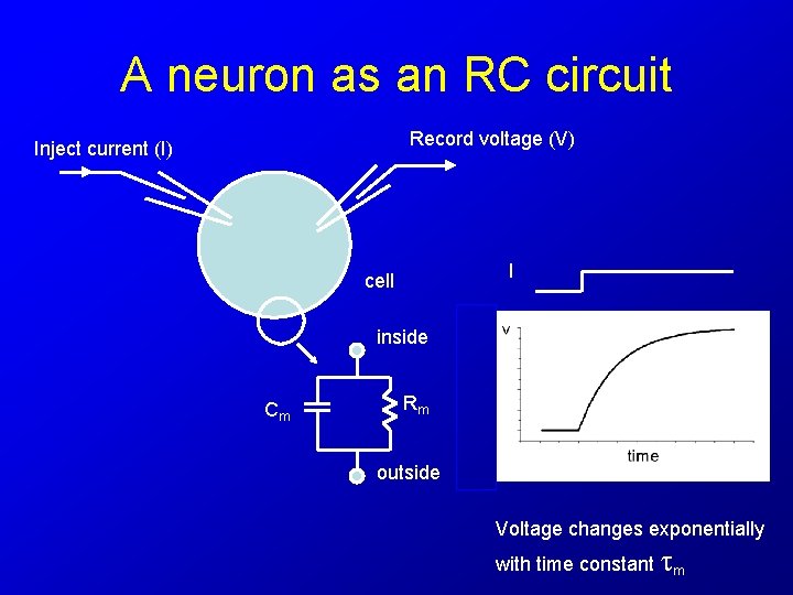 A neuron as an RC circuit Record voltage (V) Inject current (I) I cell