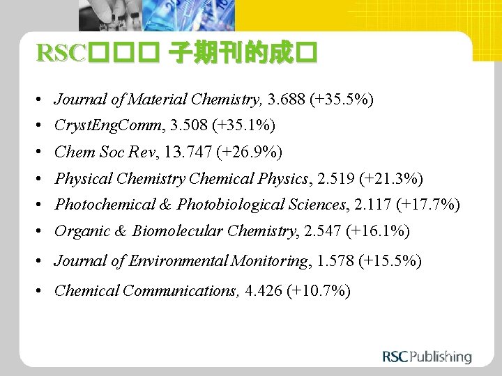 RSC��� 子期刊的成� • Journal of Material Chemistry, 3. 688 (+35. 5%) • Cryst. Eng.